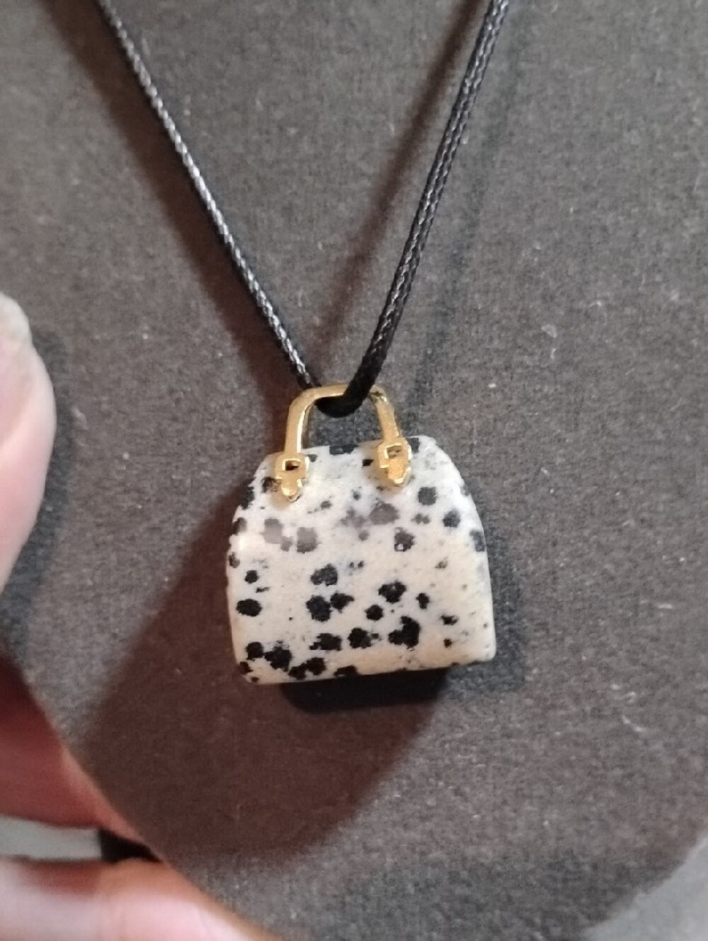 Dalmatian Stone Purse Pendant Necklace on Black Cord 18" - Picture 2 of 3
